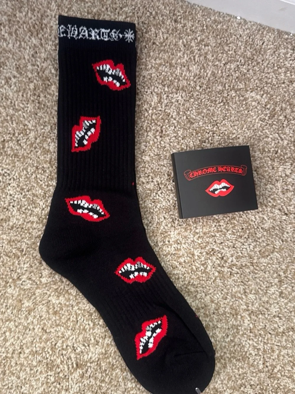 Chrome Hearts Black Crew Socks with Red Lip Motif Pattern